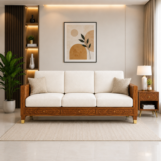 Wooden Rattan Sofa Set with Coffee Table and Upholstered Cushions
