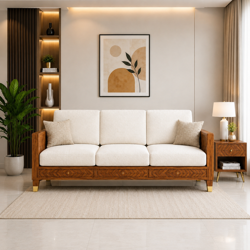 Luxury Wooden Sofa Set in Walnut Finish | Modern Living Room Furniture
