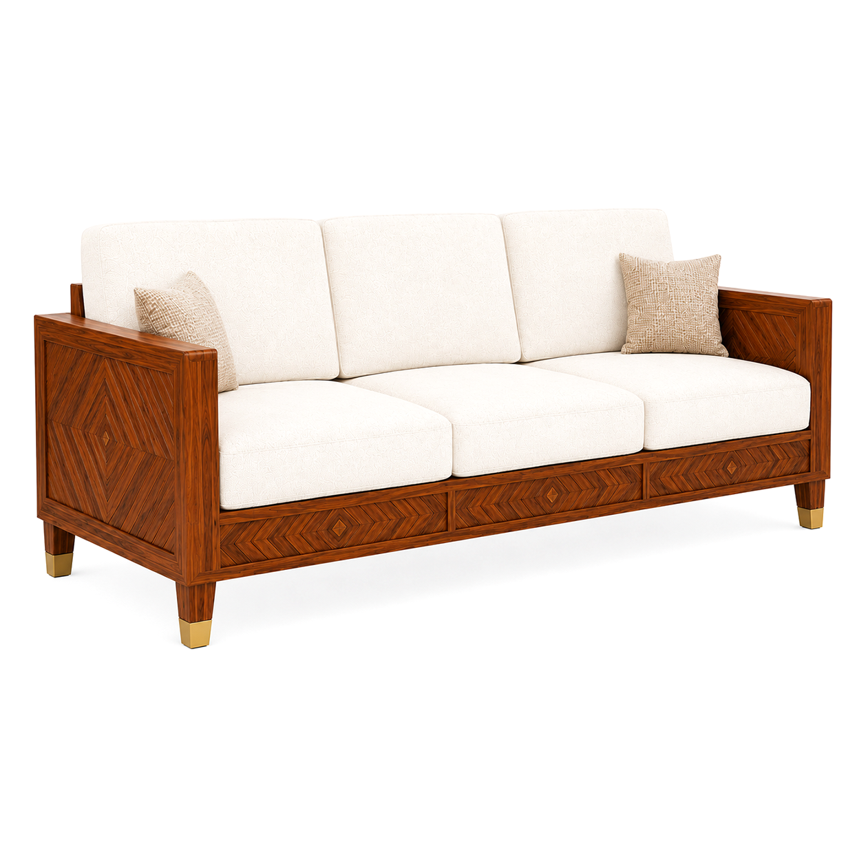 Wooden Rattan Sofa Set with Coffee Table and Upholstered Cushions
