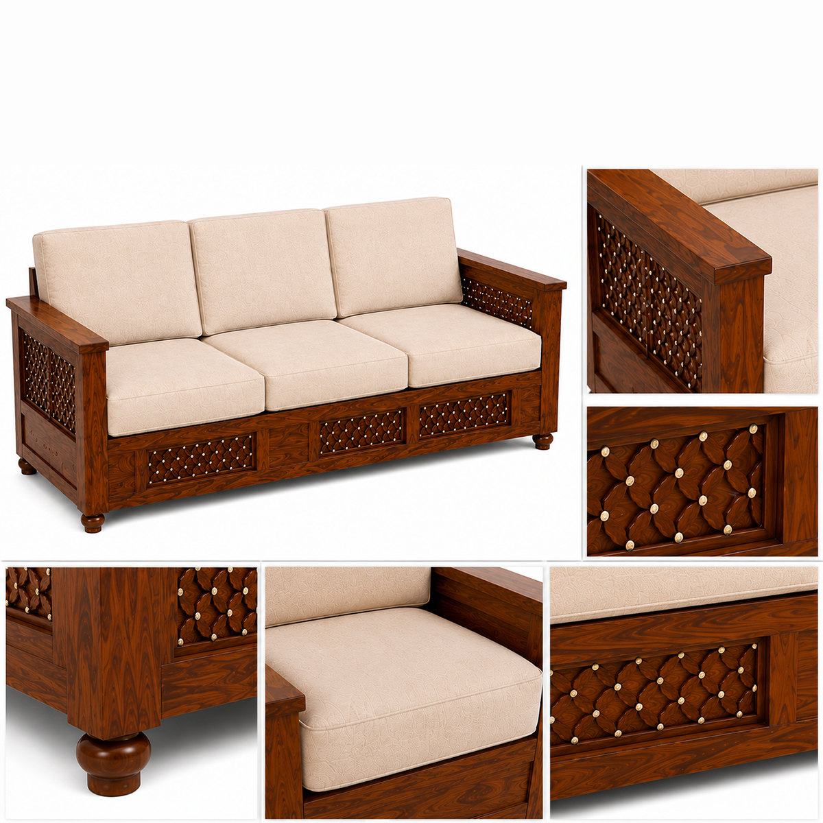 The RJ Art Sheesham Wood 3 Seater Sofa with Cushioned Seating and Walnut Finish