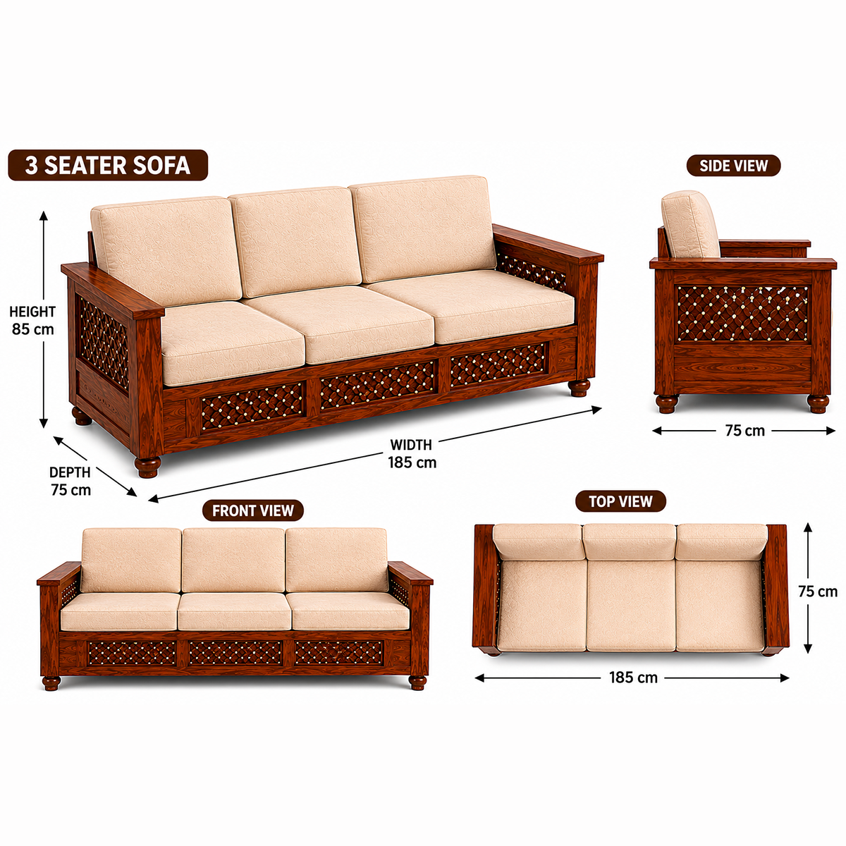 The RJ Art Sheesham Wood 3 Seater Sofa with Cushioned Seating and Walnut Finish