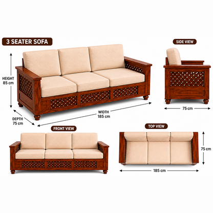 The RJ Art Sheesham Wood 3 Seater Sofa with Cushioned Seating and Walnut Finish