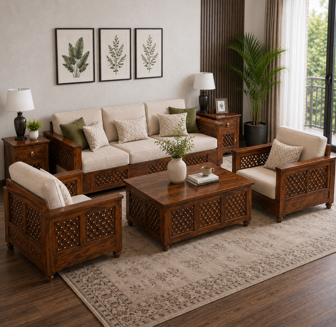 The RJ Art Sheesham Wood 3 Seater Sofa with Cushioned Seating and Walnut Finish