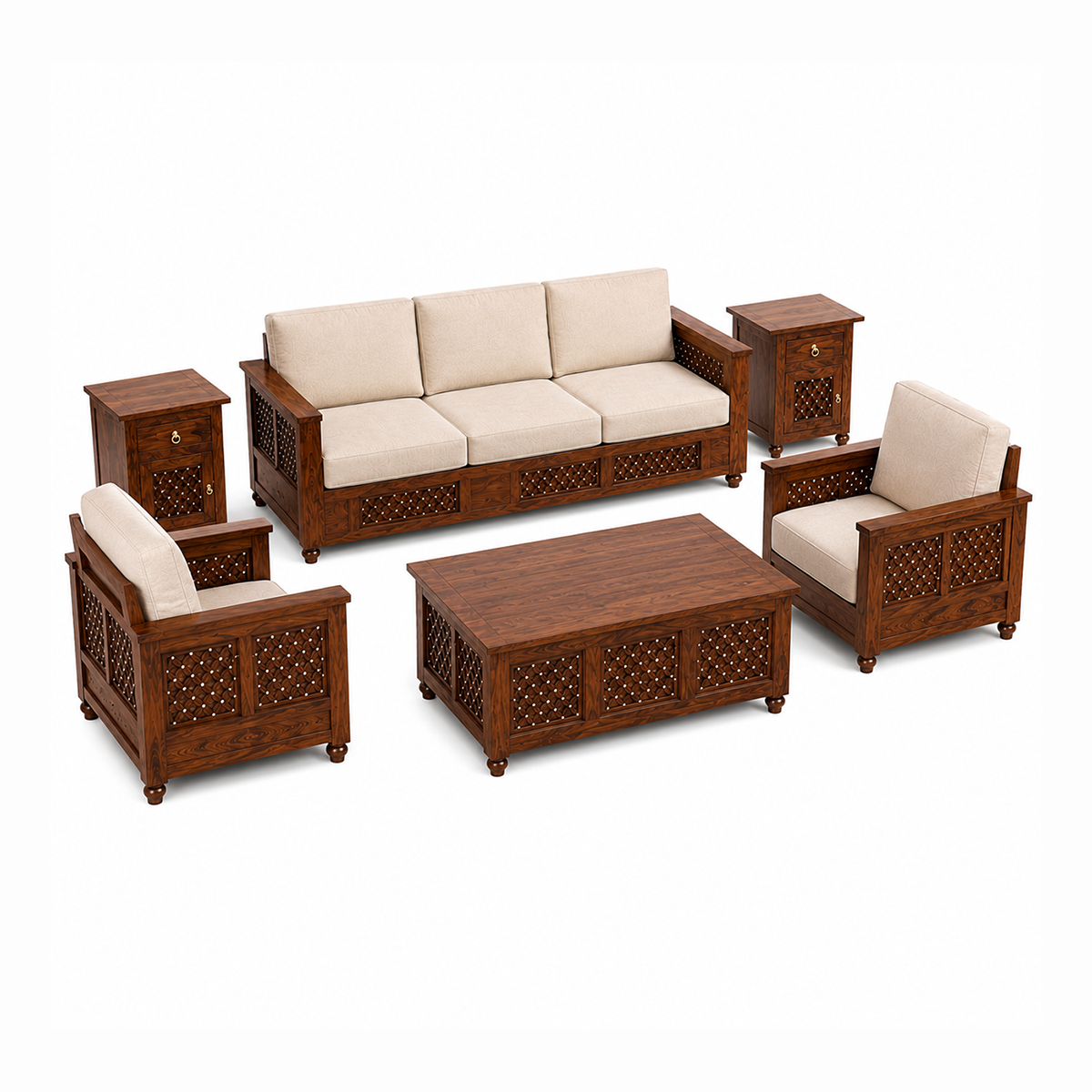 The RJ Art Sheesham Wood 3 Seater Sofa with Cushioned Seating and Walnut Finish