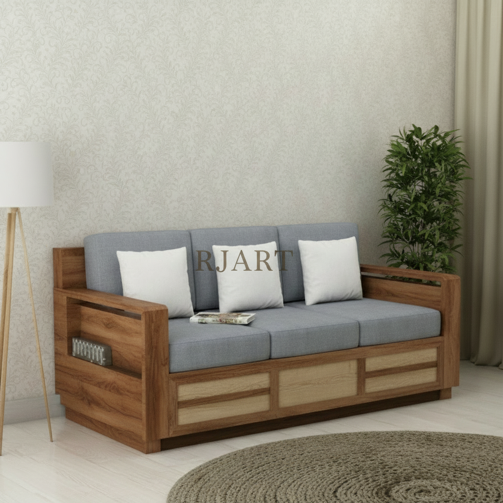 Rjart Sheesham 3 Seater Sofa With Side Pocket And Cane Design - 3 Year Warranty