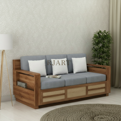 Rjart Sheesham 3 Seater Sofa With Side Pocket And Cane Design - 3 Year Warranty
