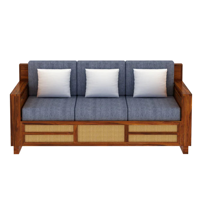 Rjart Sheesham 3 Seater Sofa With Side Pocket And Cane Design - 3 Year Warranty