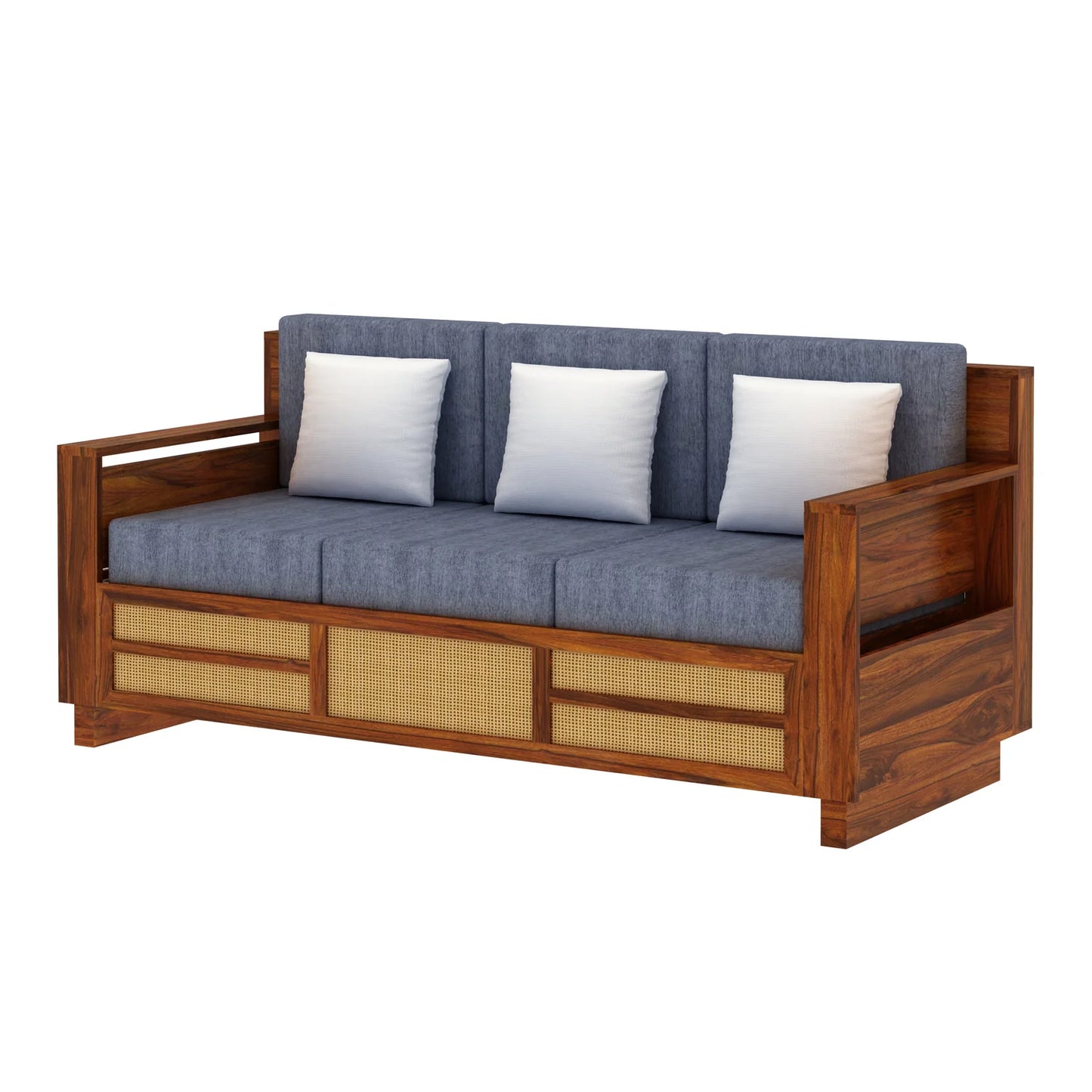Rjart Sheesham 3 Seater Sofa With Side Pocket And Cane Design - 3 Year Warranty