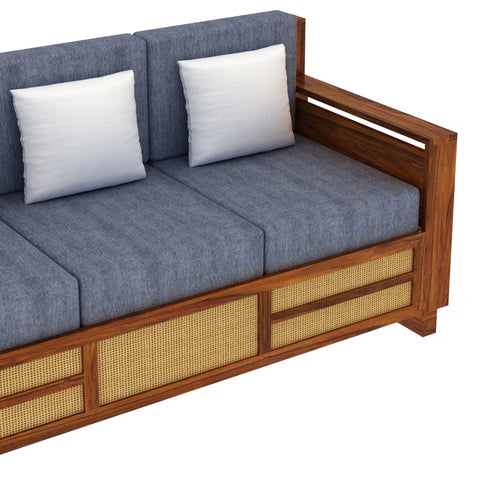 Rjart Sheesham 3 Seater Sofa With Side Pocket And Cane Design - 3 Year Warranty