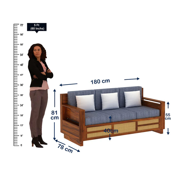 Rjart Sheesham 3 Seater Sofa With Side Pocket And Cane Design - 3 Year Warranty