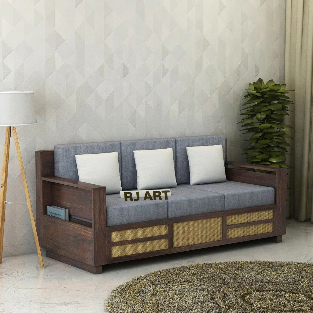 Rjart Sheesham 3 Seater Sofa With Side Pocket And Cane Design - 3 Year Warranty