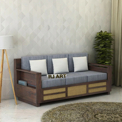 Rjart Sheesham 3 Seater Sofa With Side Pocket And Cane Design - 3 Year Warranty