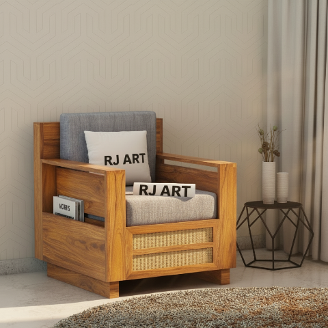 Rjart Syrus Sheesham Single Seater Sofa With Side Pocket And Cane Design - 3 Years Warranty