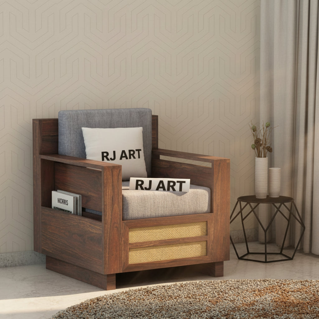 Rjart Syrus Sheesham Single Seater Sofa With Side Pocket And Cane Design - 3 Years Warranty