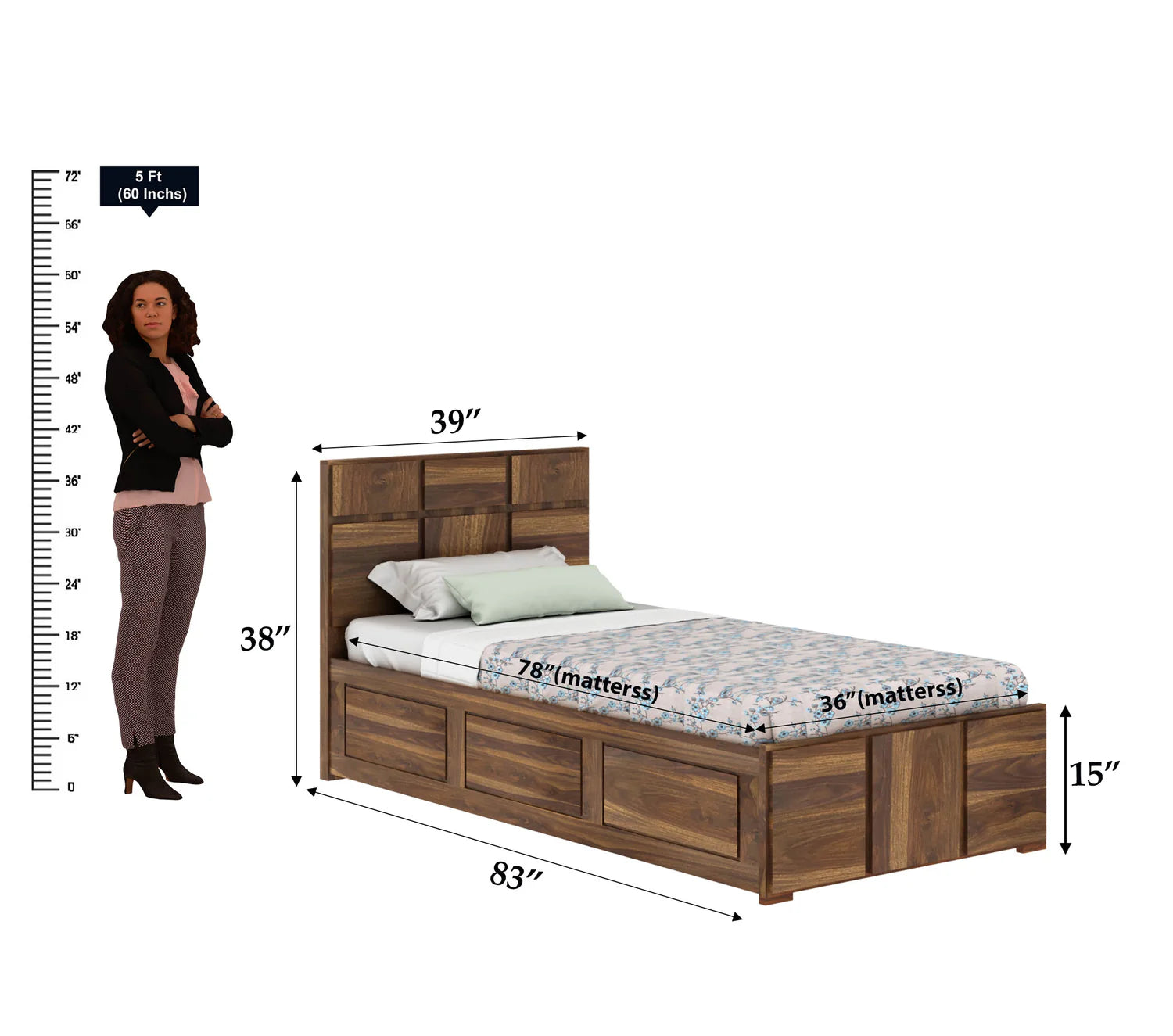 Sevilla Solid Sheesham Wood Single Bed With Box Storage - 3 years Warranty