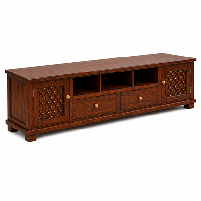 The RJ Art Sheesham Wood TV Unit with Storage Cabinets, Drawers and Open Shelves in Walnut Finish