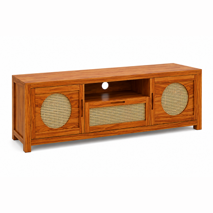The RJ Art Sheesham Wood TV Unit with Cane Sliding Doors and Storage Cabinet