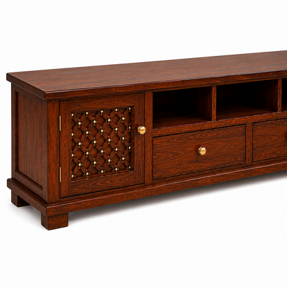 The RJ Art Sheesham Wood TV Unit with Storage Cabinets, Drawers and Open Shelves in Walnut Finish