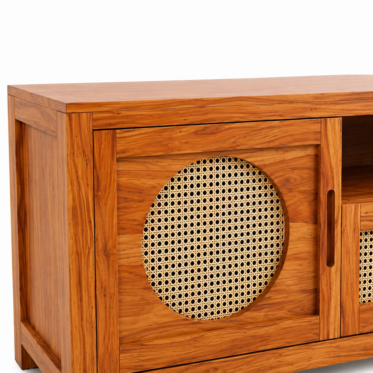 The RJ Art Sheesham Wood TV Unit with Cane Sliding Doors and Storage Cabinet
