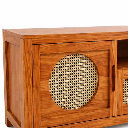 The RJ Art Sheesham Wood TV Unit with Cane Sliding Doors and Storage Cabinet