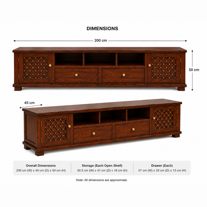 The RJ Art Sheesham Wood TV Unit with Storage Cabinets, Drawers and Open Shelves in Walnut Finish