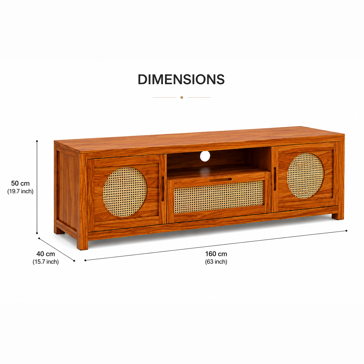 The RJ Art Sheesham Wood TV Unit with Cane Sliding Doors and Storage Cabinet