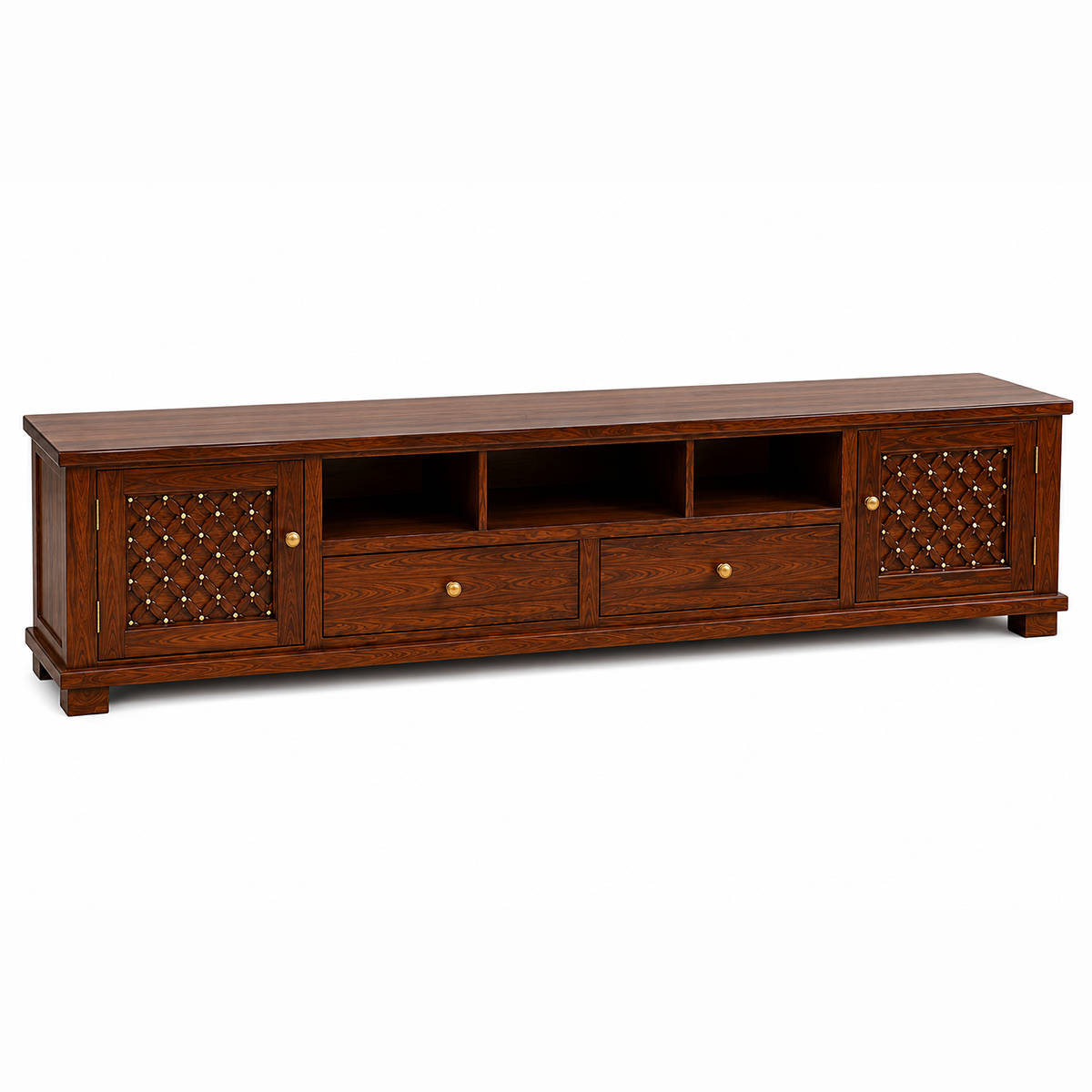 The RJ Art Sheesham Wood TV Unit with Storage Cabinets, Drawers and Open Shelves in Walnut Finish