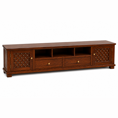 The RJ Art Sheesham Wood TV Unit with Storage Cabinets, Drawers and Open Shelves in Walnut Finish