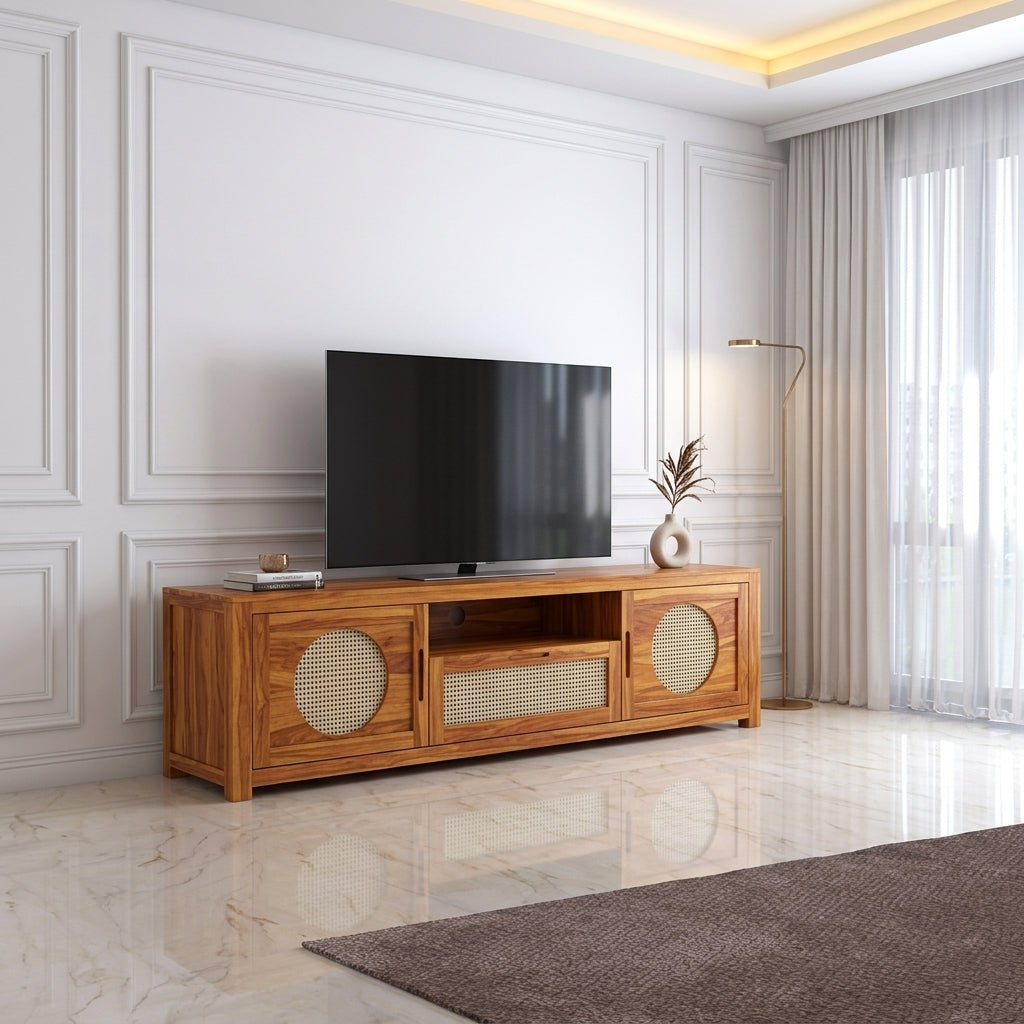 The RJ Art Sheesham Wood TV Unit with Cane Sliding Doors and Storage Cabinet