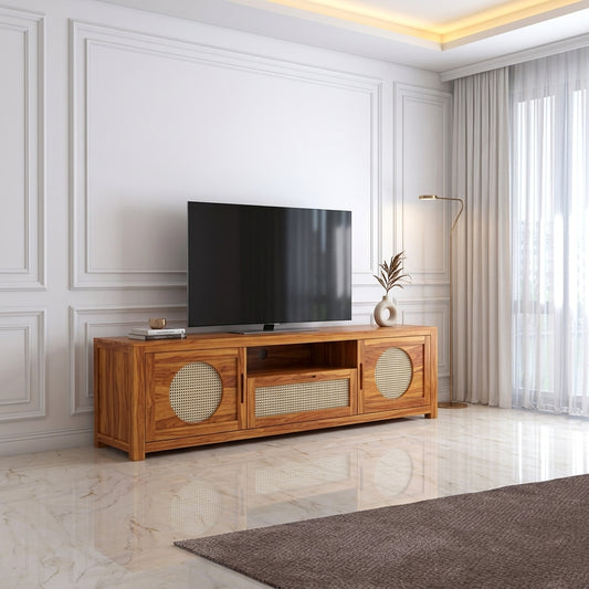 The RJ Art Sheesham Wood TV Unit with Cane Sliding Doors and Storage Cabinet