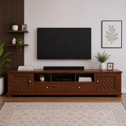 The RJ Art Sheesham Wood TV Unit with Storage Cabinets, Drawers and Open Shelves in Walnut Finish