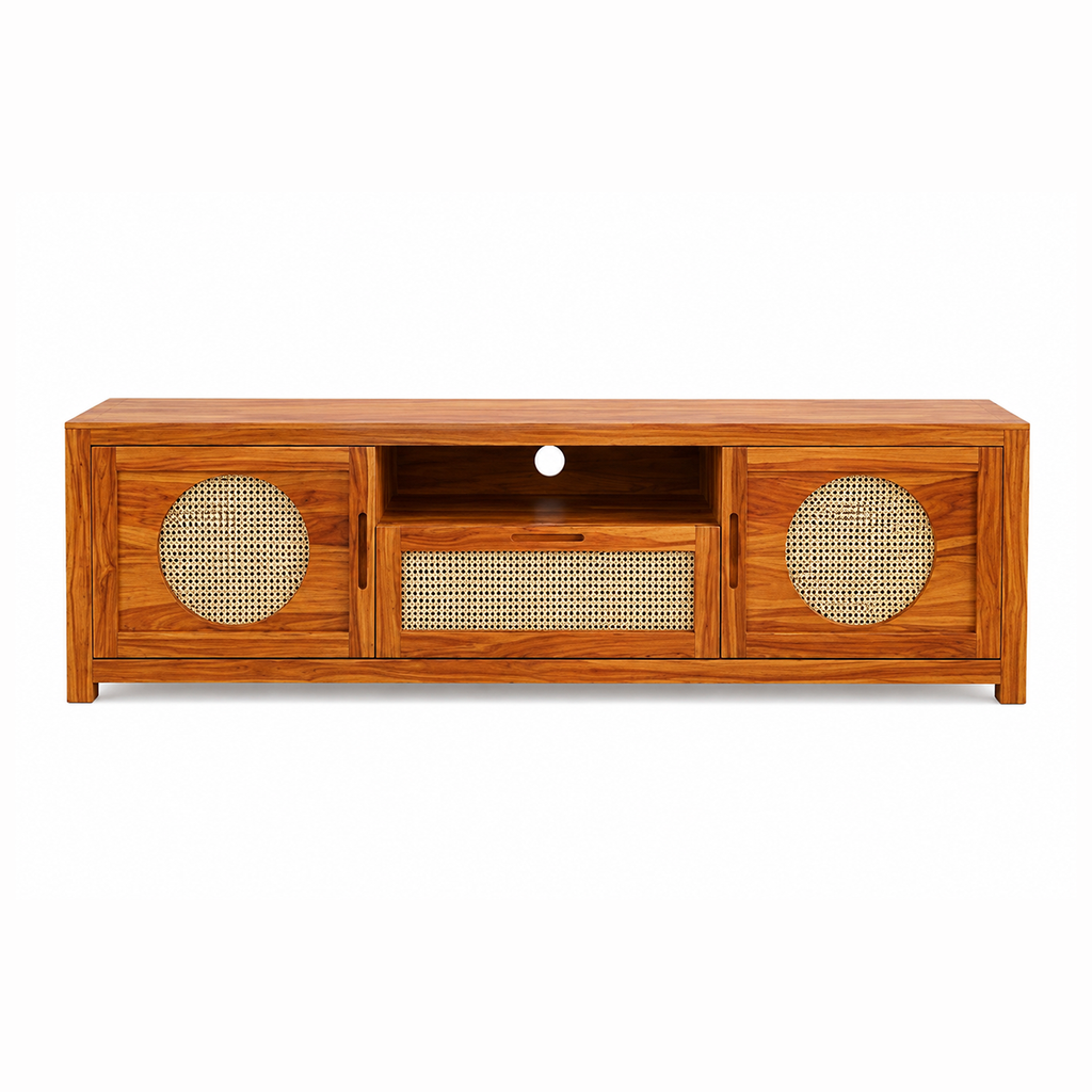 The RJ Art Sheesham Wood TV Unit with Cane Sliding Doors and Storage Cabinet