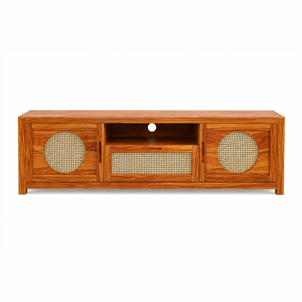 The RJ Art Sheesham Wood TV Unit with Cane Sliding Doors and Storage Cabinet