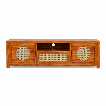 The RJ Art Sheesham Wood TV Unit with Cane Sliding Doors and Storage Cabinet
