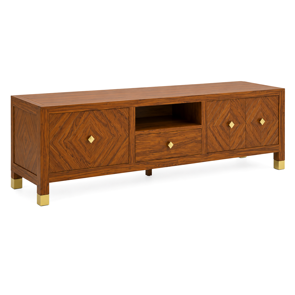 Wooden TV Unit with Diamond Pattern Storage Cabinets
