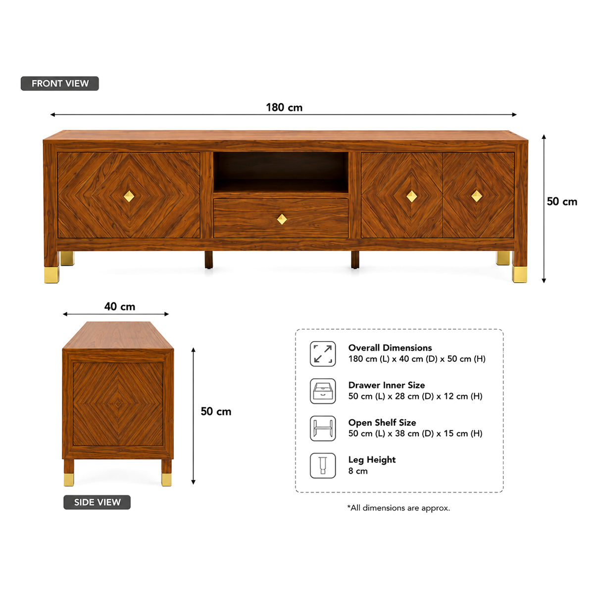 Wooden TV Unit with Diamond Pattern Storage Cabinets
