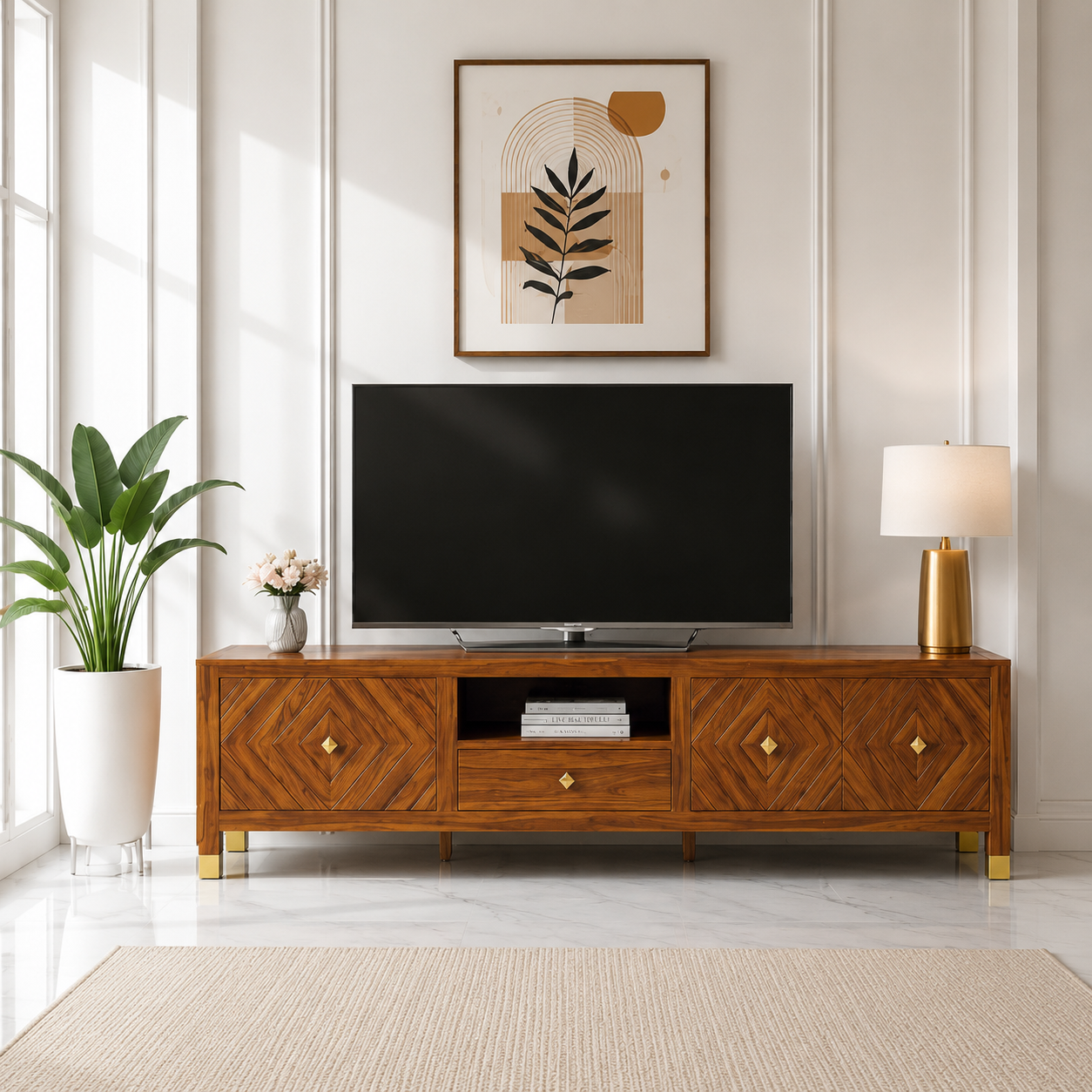 Wooden TV Unit with Diamond Pattern Storage Cabinets
