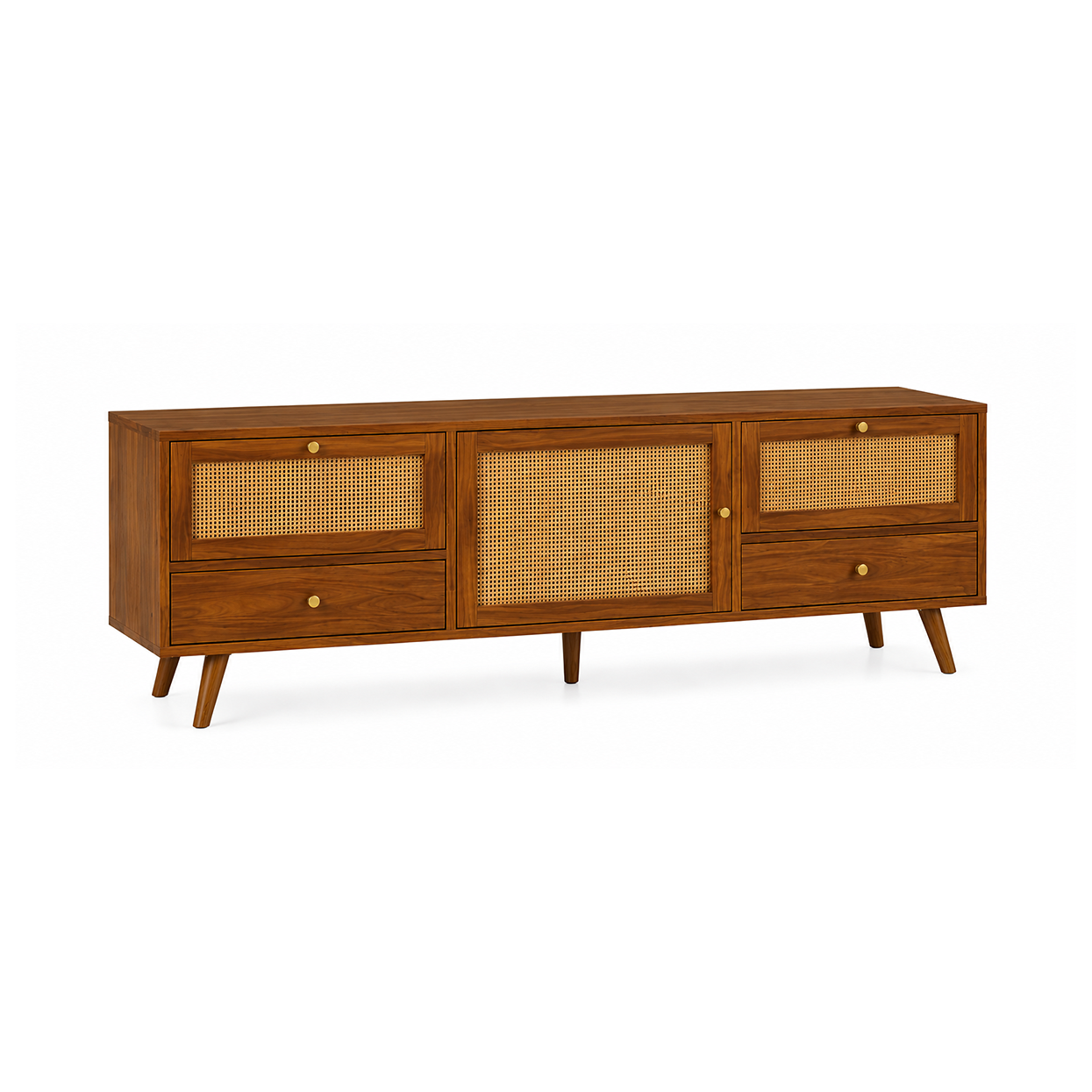 Wooden Rattan TV Unit with Drawers and Cabinet Storage
