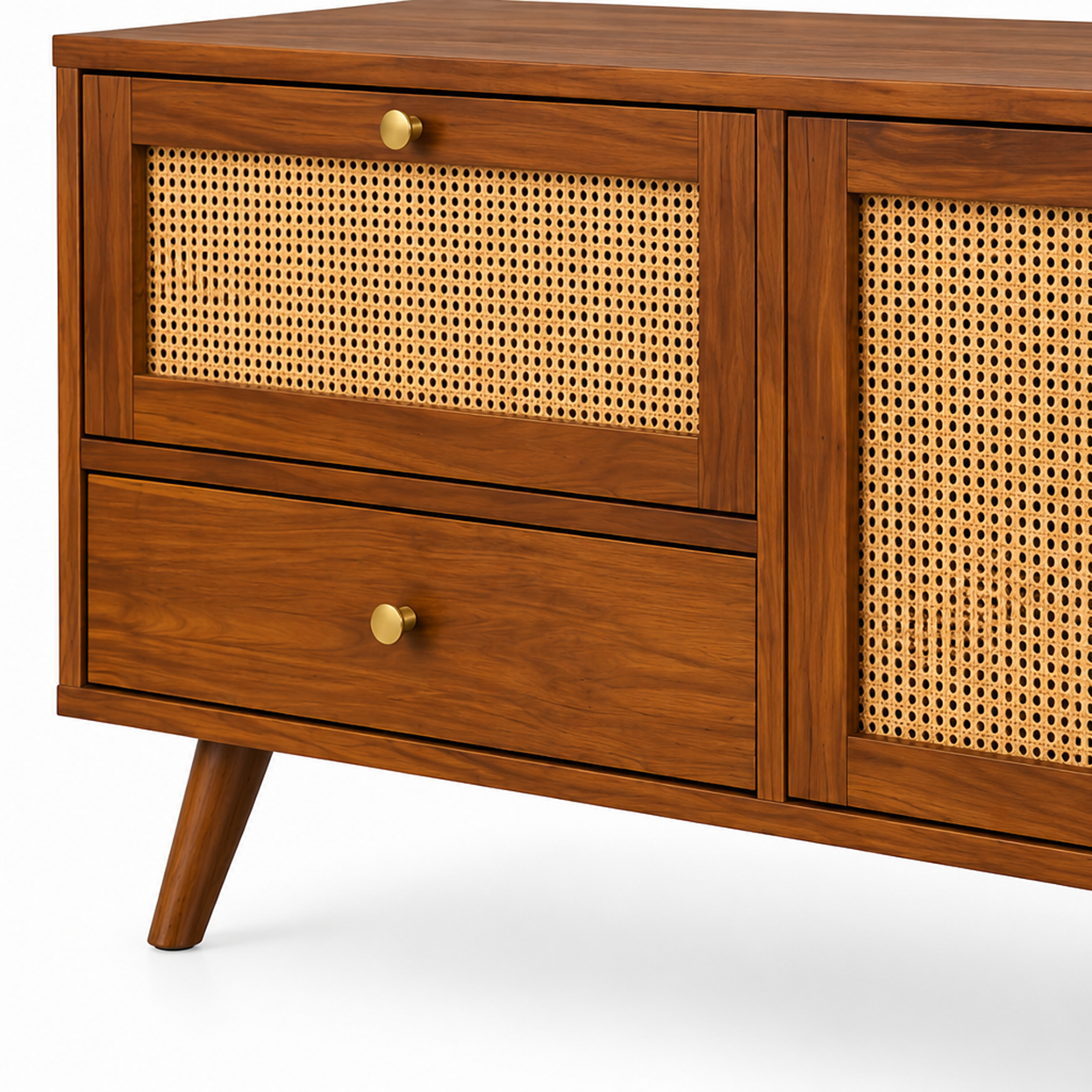 Wooden Rattan TV Unit with Drawers and Cabinet Storage
