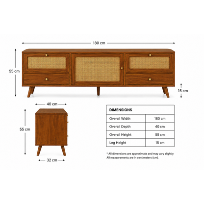 Wooden Rattan TV Unit with Drawers and Cabinet Storage
