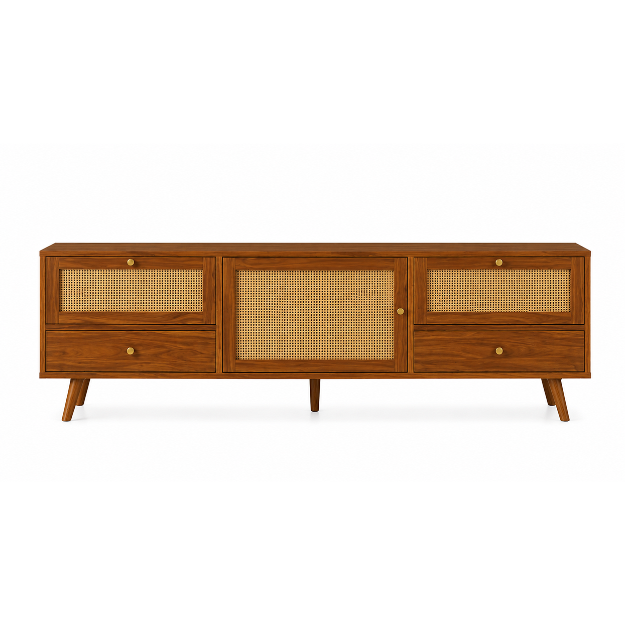 Wooden Rattan TV Unit with Drawers and Cabinet Storage
