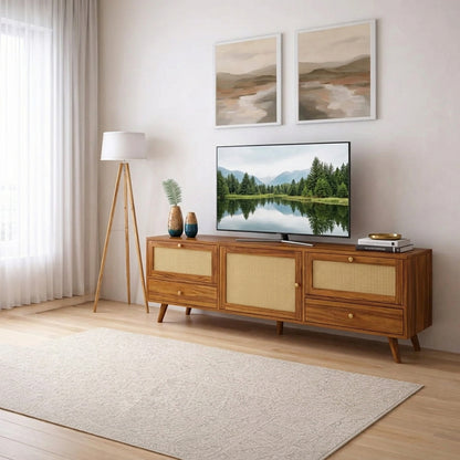 Wooden Rattan TV Unit with Drawers and Cabinet Storage
