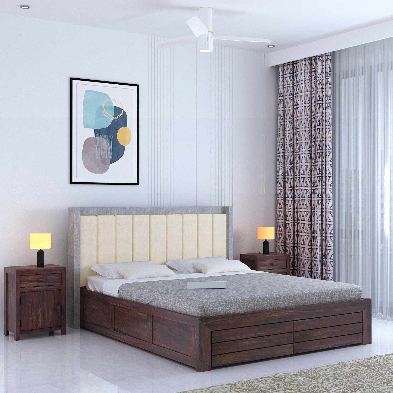 Tierra Solid Sheesham Wood Bed With Box Storage & Upholstered Headboard-3 years Warranty(Luxe Edition)