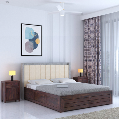 Tierra Sheesham Bed With Box Storage & Upholstered Headboard-3 Years Warranty(Luxe Edition)