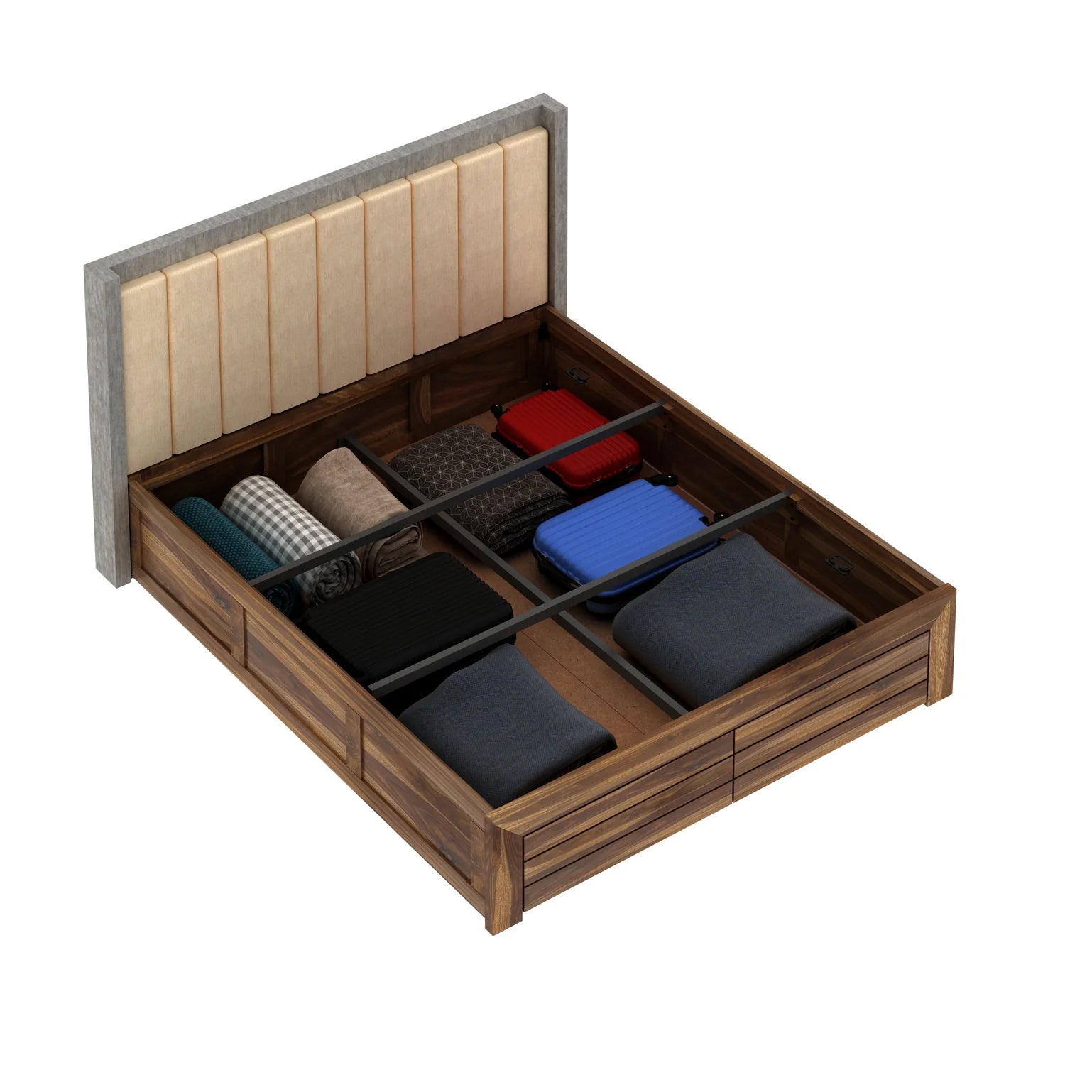 Tierra Solid Sheesham Wood Bed With Box Storage & Upholstered Headboard-3 years Warranty(Luxe Edition)