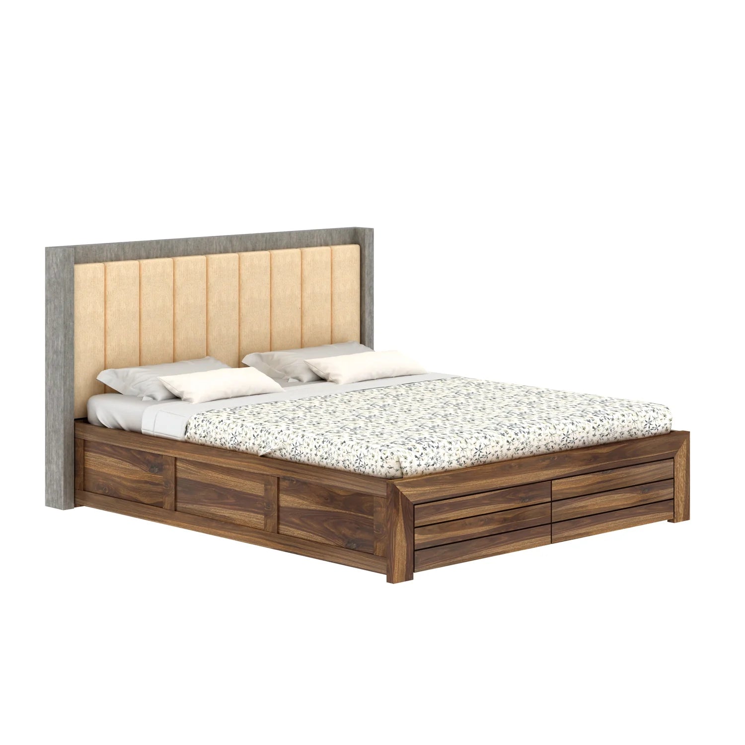 Tierra Solid Sheesham Wood Bed With Box Storage & Upholstered Headboard-3 years Warranty(Luxe Edition)