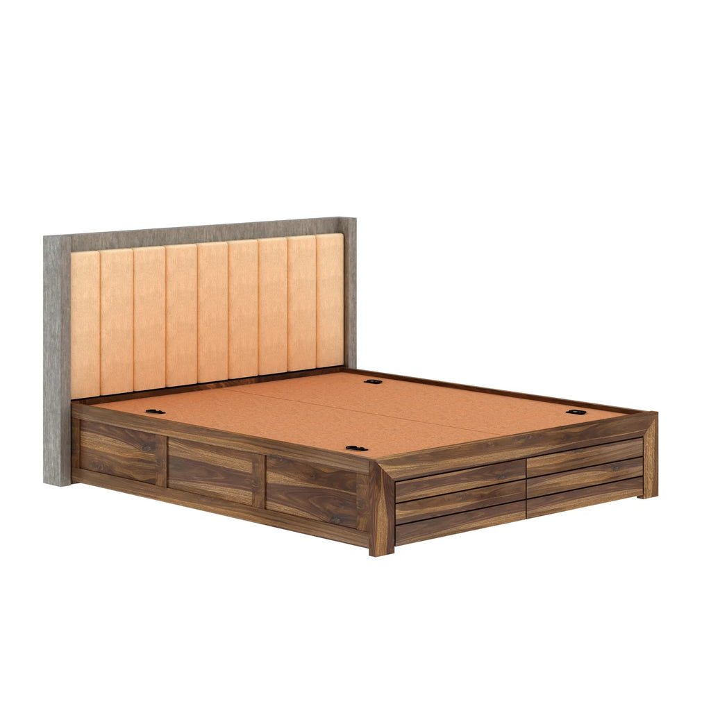 Tierra Solid Sheesham Wood Bed With Box Storage & Upholstered Headboard-3 years Warranty(Luxe Edition)
