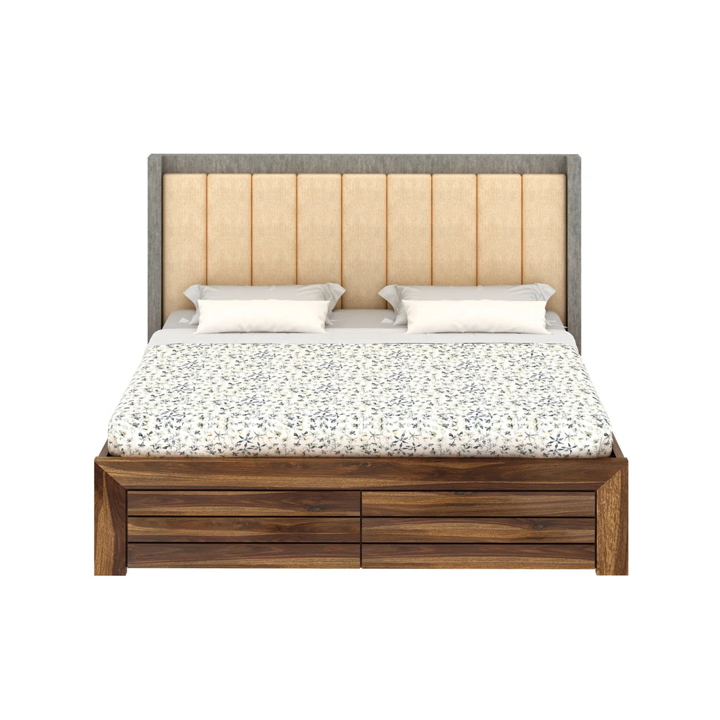 Tierra Solid Sheesham Wood Bed With Box Storage & Upholstered Headboard-3 years Warranty(Luxe Edition)