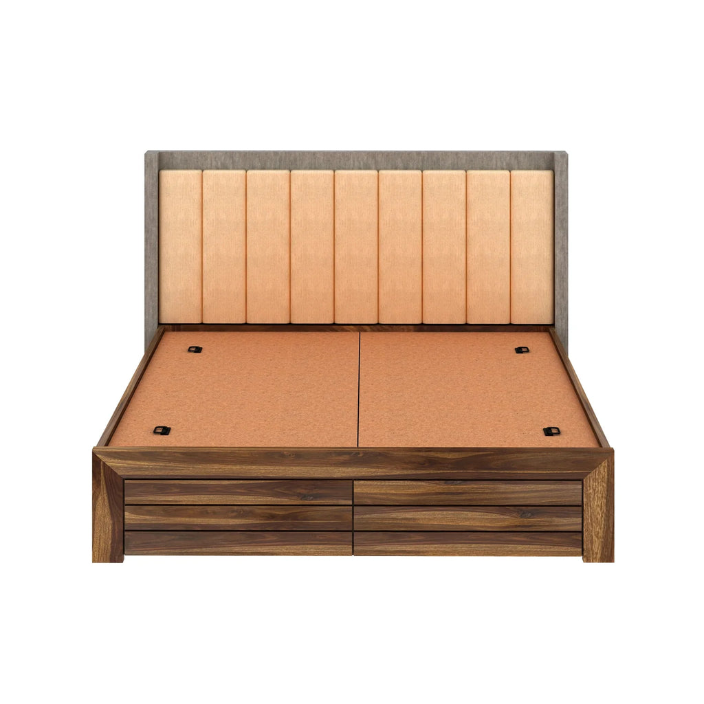 Tierra Solid Sheesham Wood Bed With Box Storage & Upholstered Headboard-3 years Warranty(Luxe Edition)