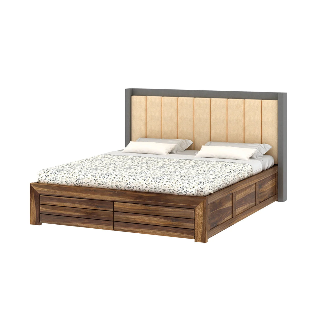 Tierra Solid Sheesham Wood Bed With Box Storage & Upholstered Headboard-3 years Warranty(Luxe Edition)